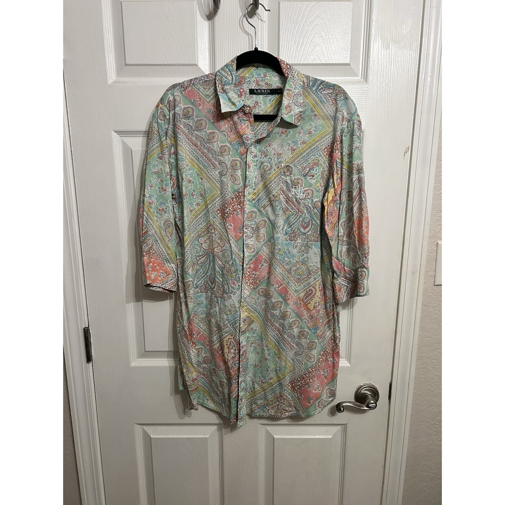 Lauren Ralph Lauren M Night Gown Button Up Sleep Shirt pastel paisley print‎
